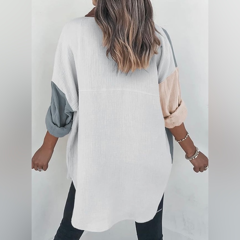 Dokotoo Pink/Grey/White Linen Oversized Long Sleeve Colorblock Button Down Shirt - Picture 5 of 5